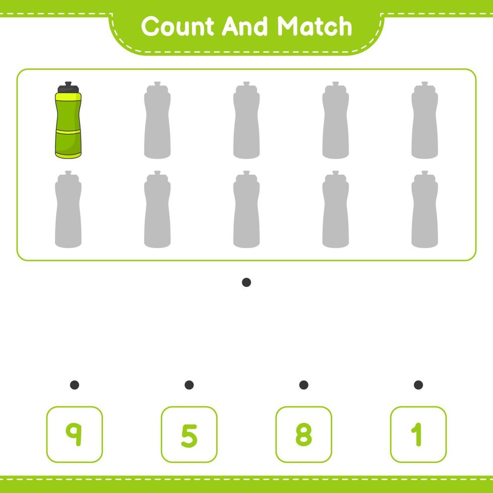 Count and match, count the number of Sport Water Bottle and match with the right numbers. Educational children game, printable worksheet, vector illustration