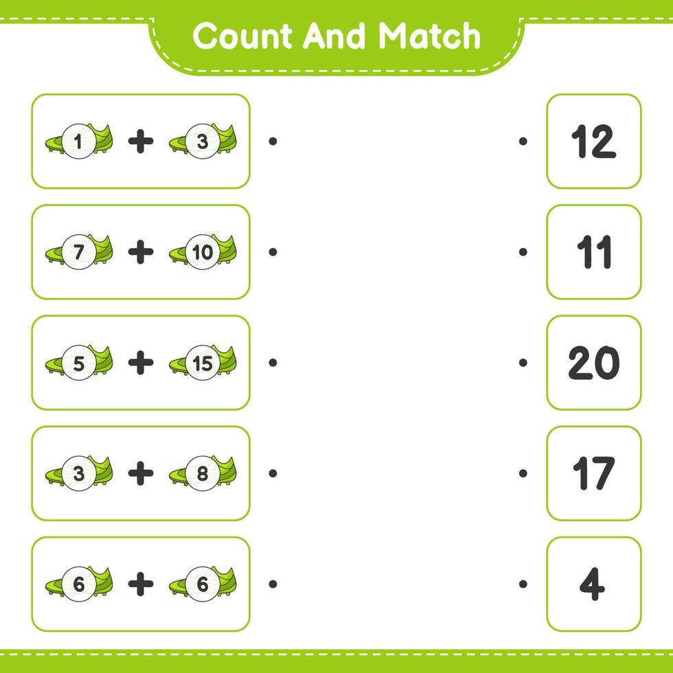 Count and match, count the number of Soccer Shoes and match with the right numbers. Educational children game, printable worksheet, vector illustration