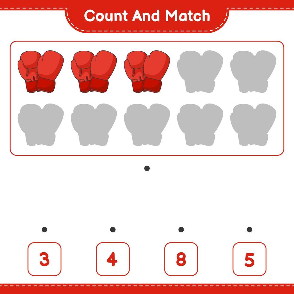 Count and match, count the number of Boxing Gloves and match with the right numbers. Educational children game, printable worksheet, vector illustration