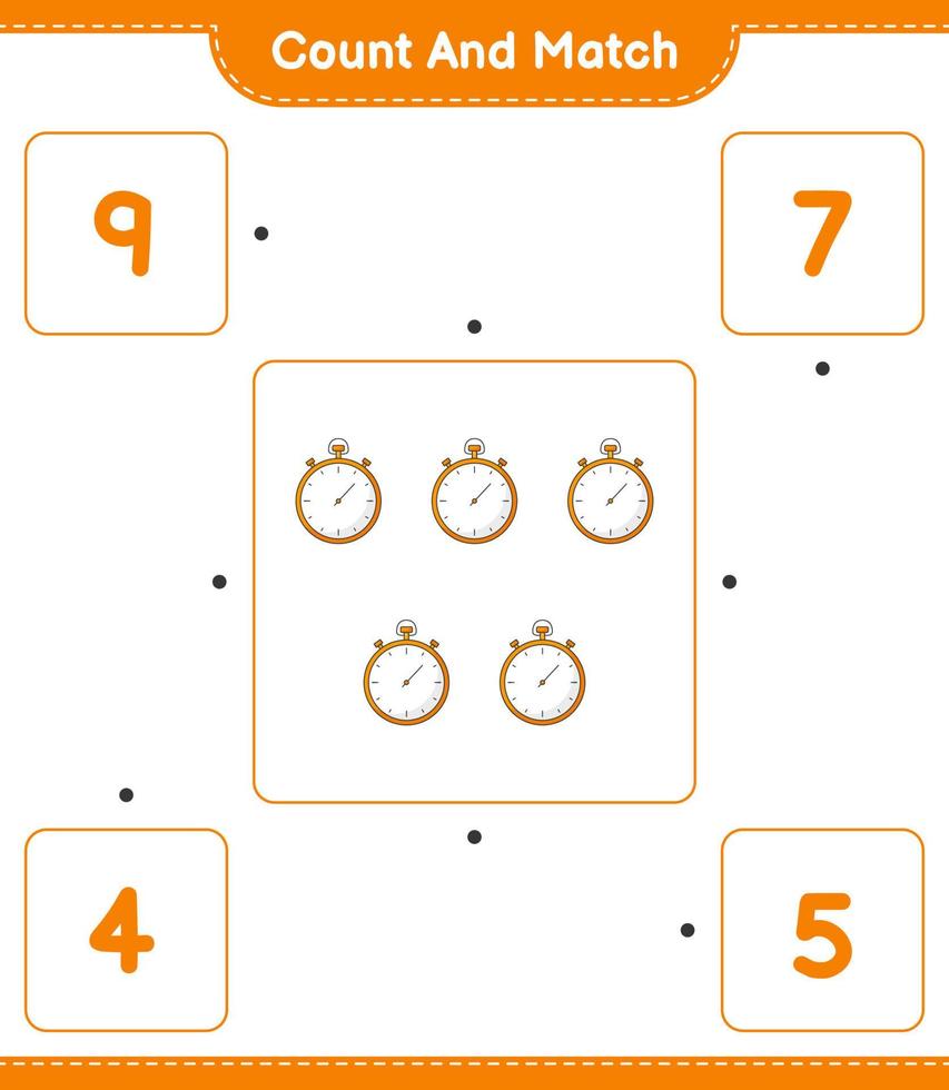 Count and match, count the number of Stopwatch and match with the right numbers. Educational children game, printable worksheet, vector illustration