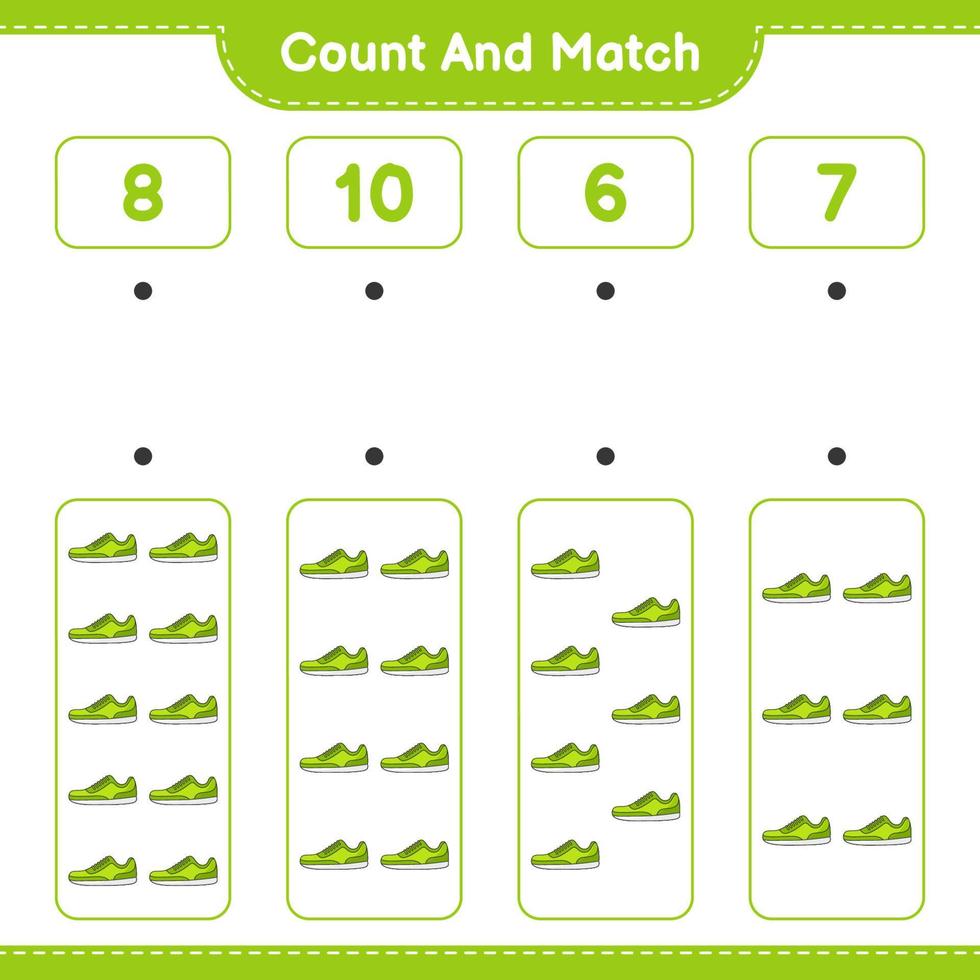Count and match, count the number of Sneaker and match with the right numbers. Educational children game, printable worksheet, vector illustration