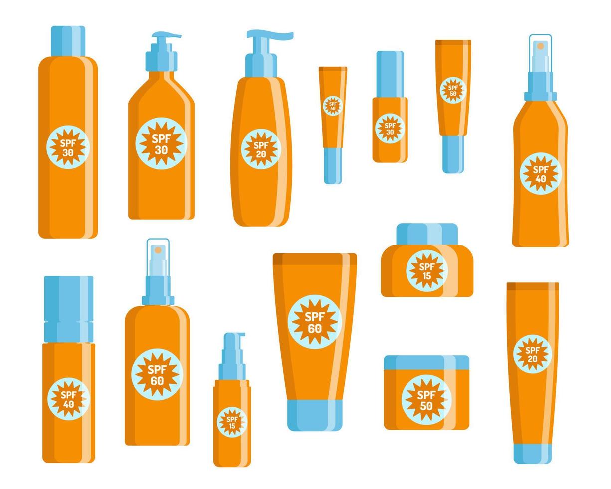 SPF bottles and tubes set. Sunscreen protection and sun safety. Sunscreen cream, lotion, spray collection. vector