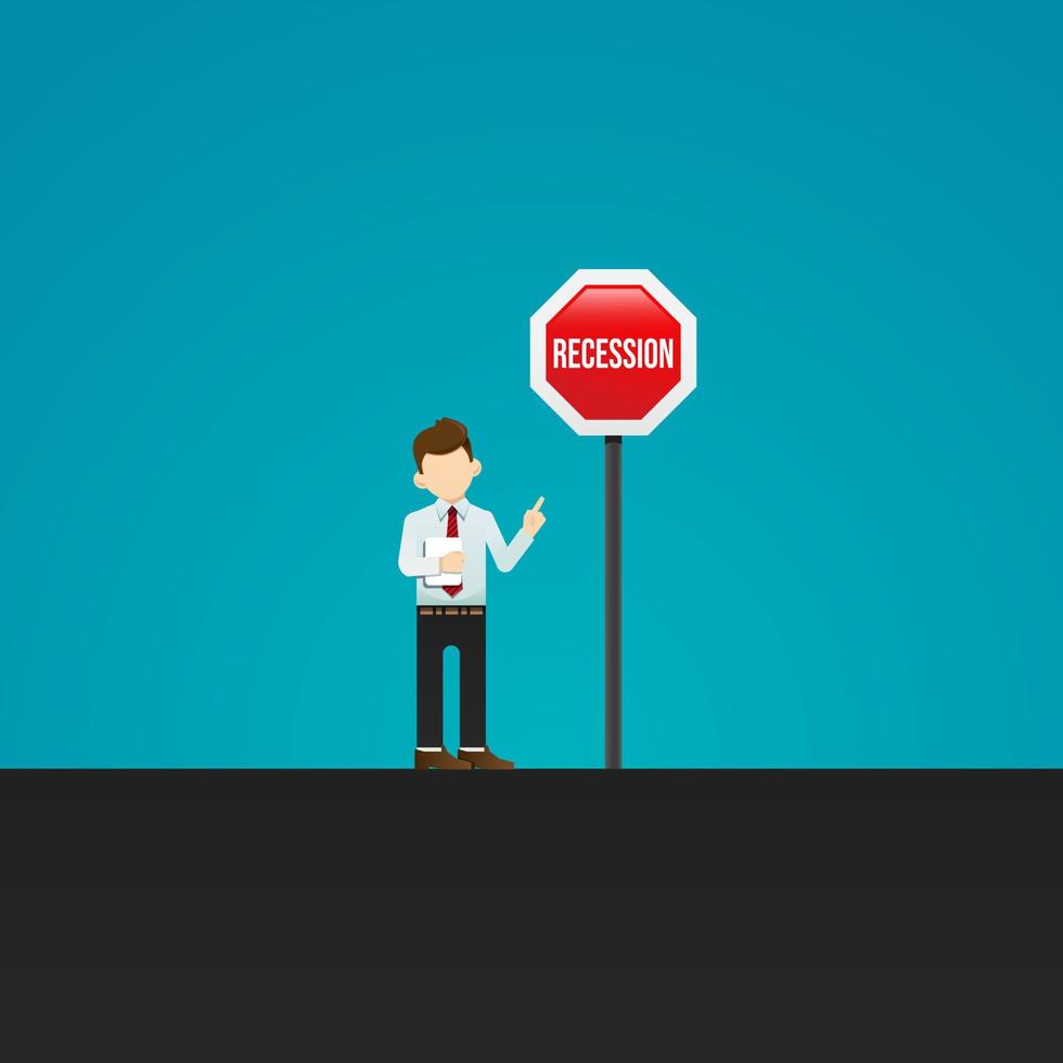 Businessman and warning recession sign. Symbol of danger, failure, bankruptcy, business crisis. vector illustration
