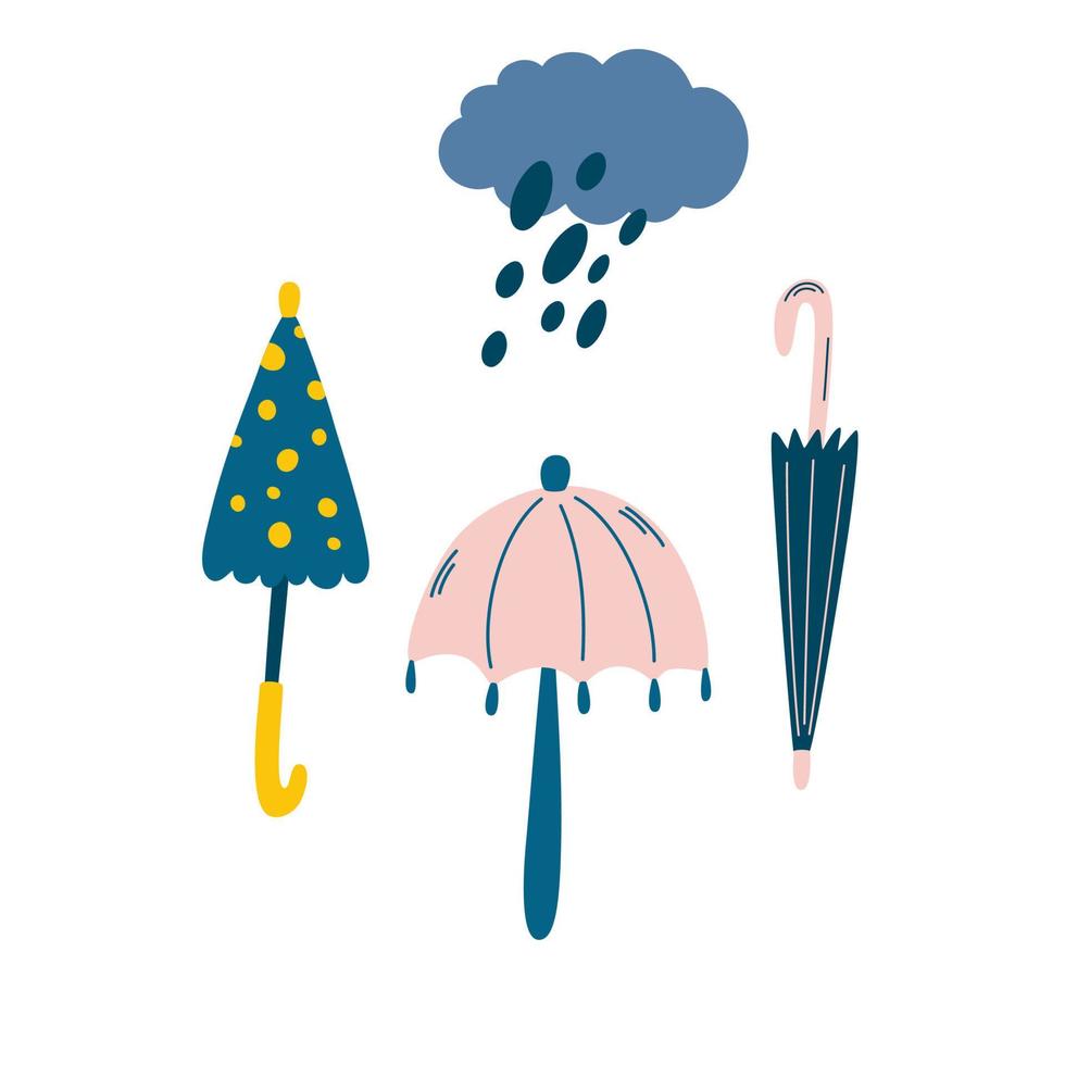 Umbrellas and rain. Welcome autumn season invitation. Rainy day, weather forecast. Minimalist postcard. Vector flat cartoon illustration