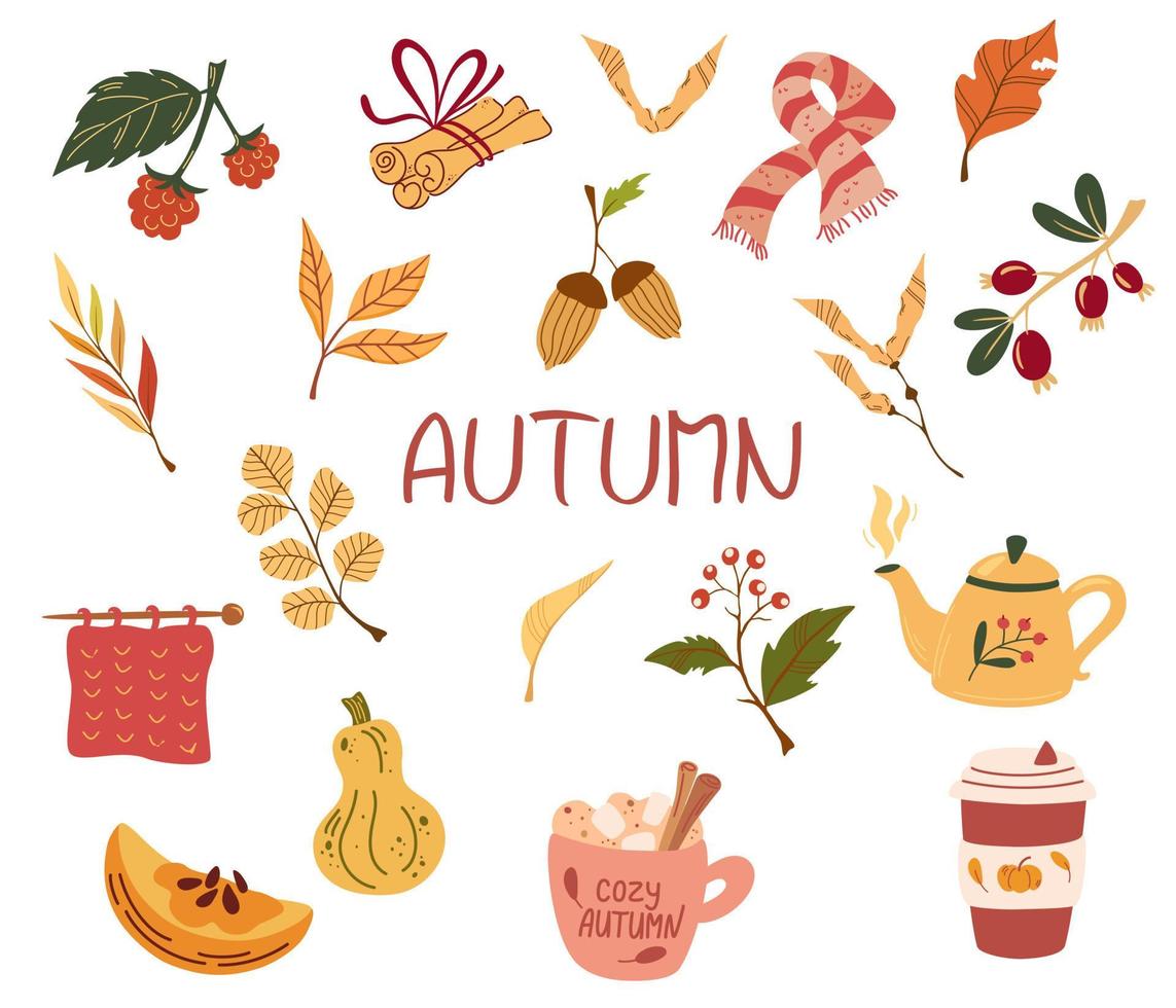 Autumn items. Autumn bundle of cute and cozy design elements. Greeting card small autumn pleasures with tea, pumpkin, leaves, berries and sweets poster template. Vector flat cartoon illustration