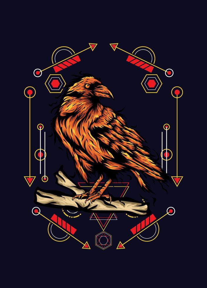 Raven, bird crow, vector illustration with sacred geometry pattern for t shirt design