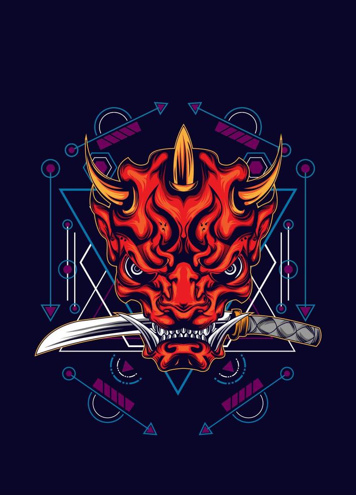 Demon oni mask with katana sword and sacred geometry pattern vector