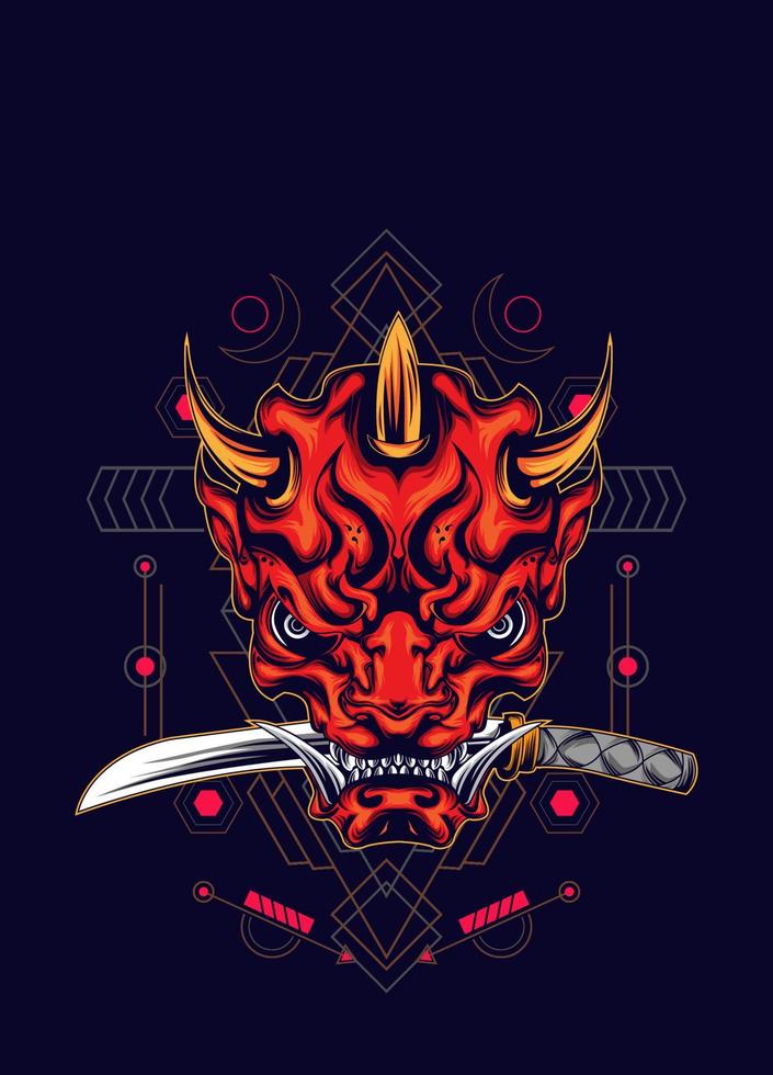 Demon oni mask with katana sword and sacred geometry pattern vector