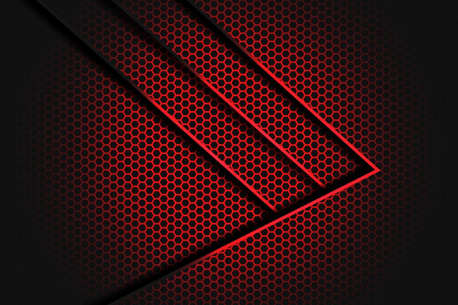 la flecha de la línea de luz roja abstracta se superpone en negro con fondo de malla hexagonal vector