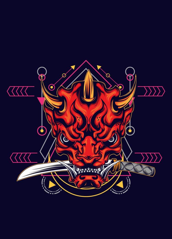 Demon oni mask with katana sword and sacred geometry pattern vector