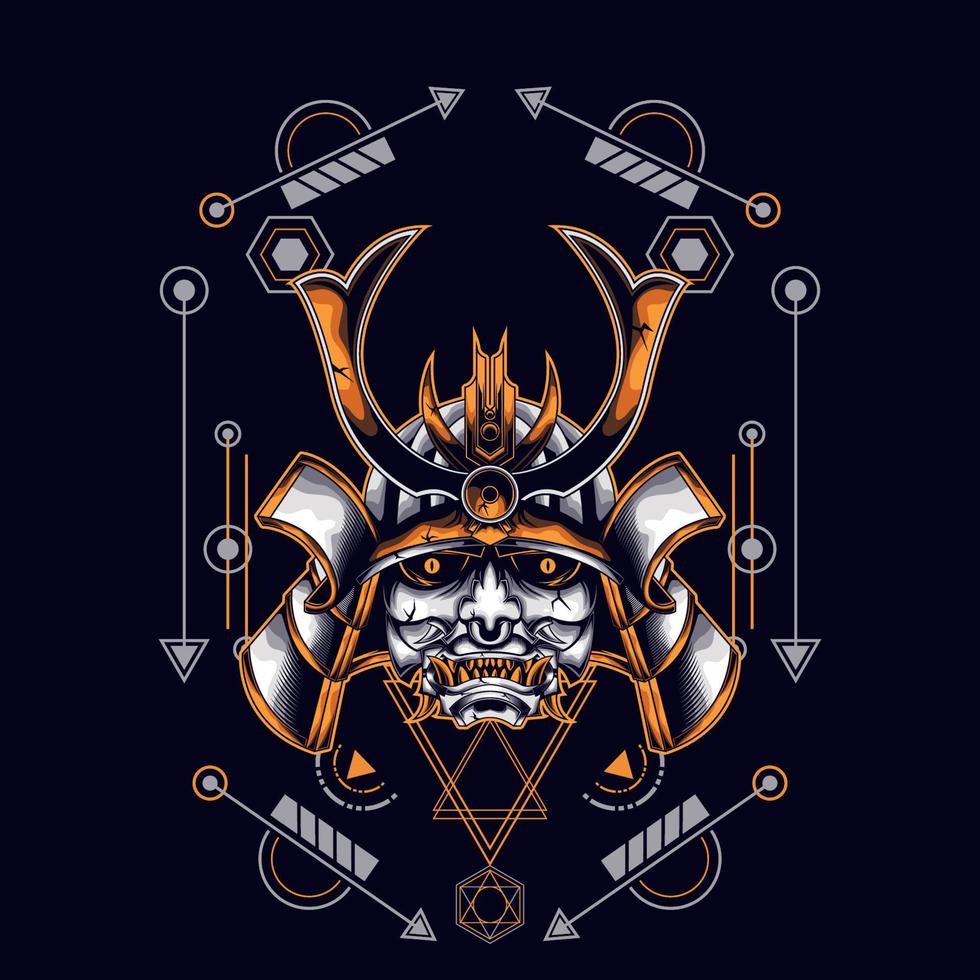 oni mask samurai head with sacred geometry ornament for t-shirt design vector
