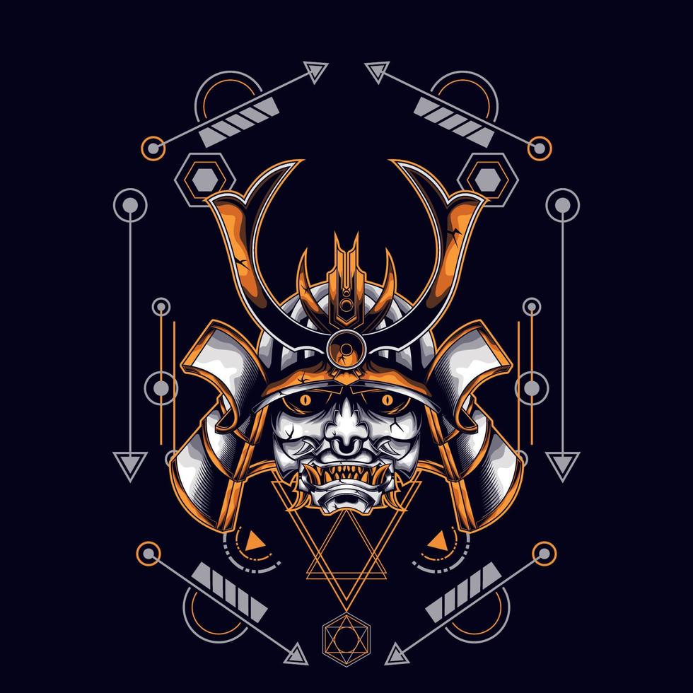 oni mask samurai head with sacred geometry ornament for t-shirt design vector