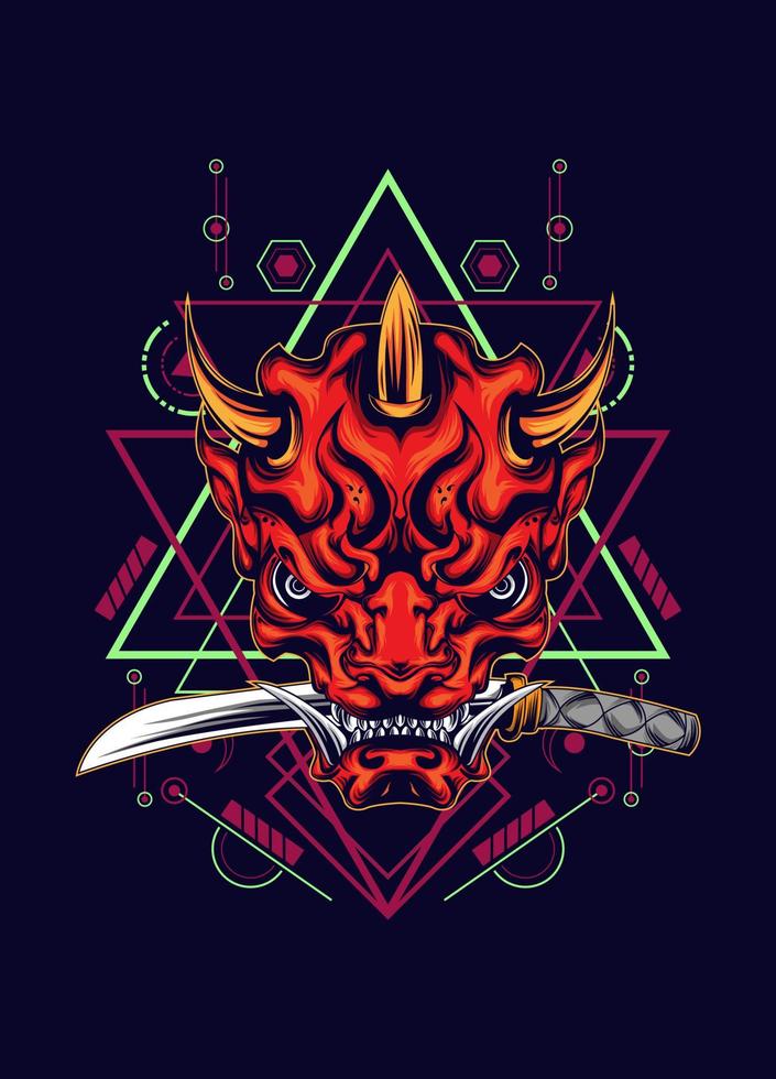 Demon oni mask with katana sword and sacred geometry pattern vector