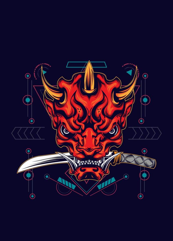 máscara de demonio oni con espada katana y patrón de geometría sagrada vector