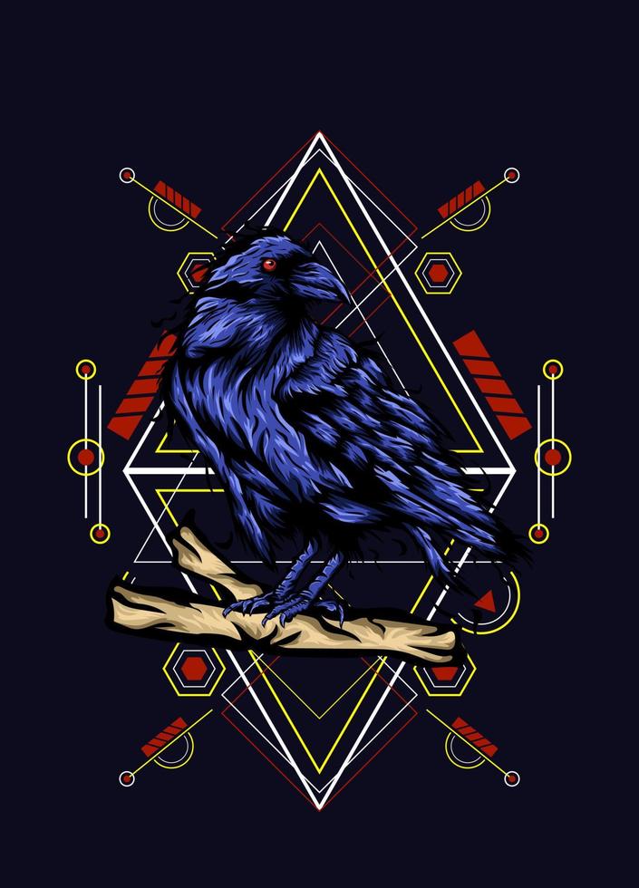 Raven, bird crow, vector illustration with sacred geometry pattern for t shirt design