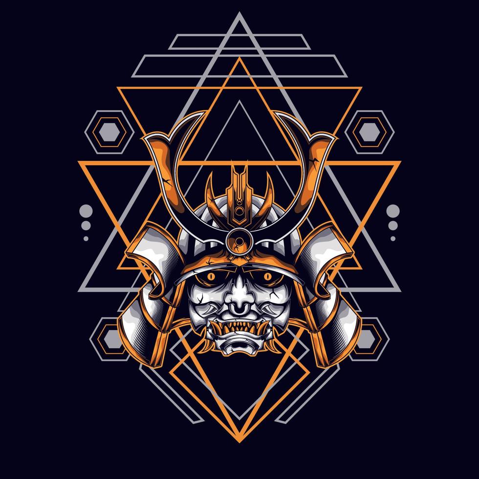 oni mask samurai head with sacred geometry ornament vector