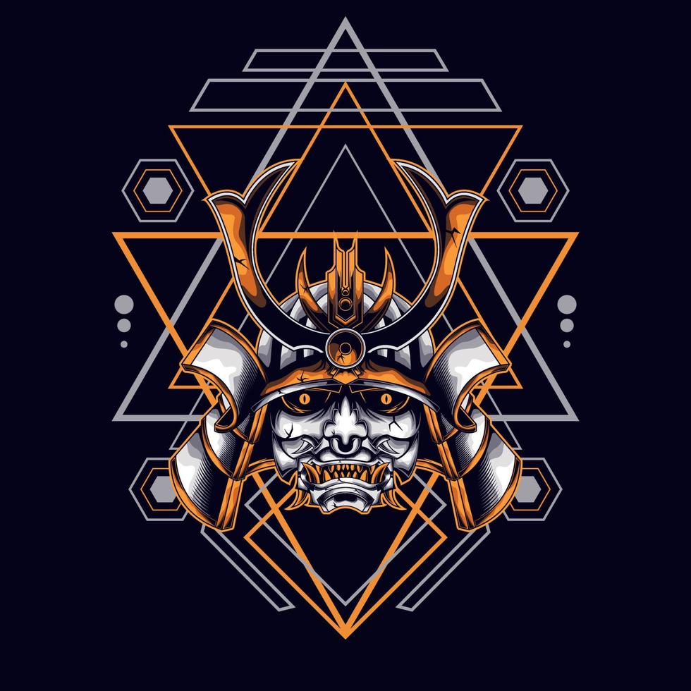 oni mask samurai head with sacred geometry ornament vector