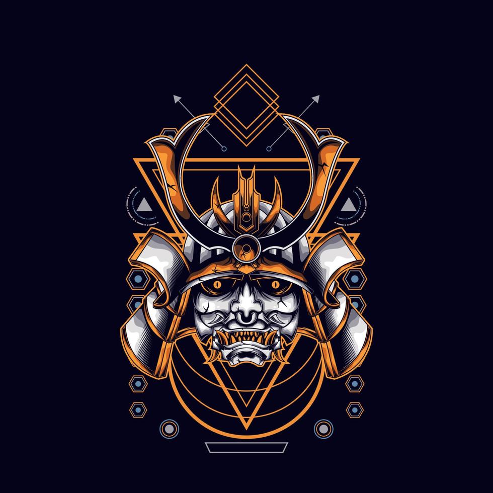 oni mask samurai head with sacred geometry ornament vector