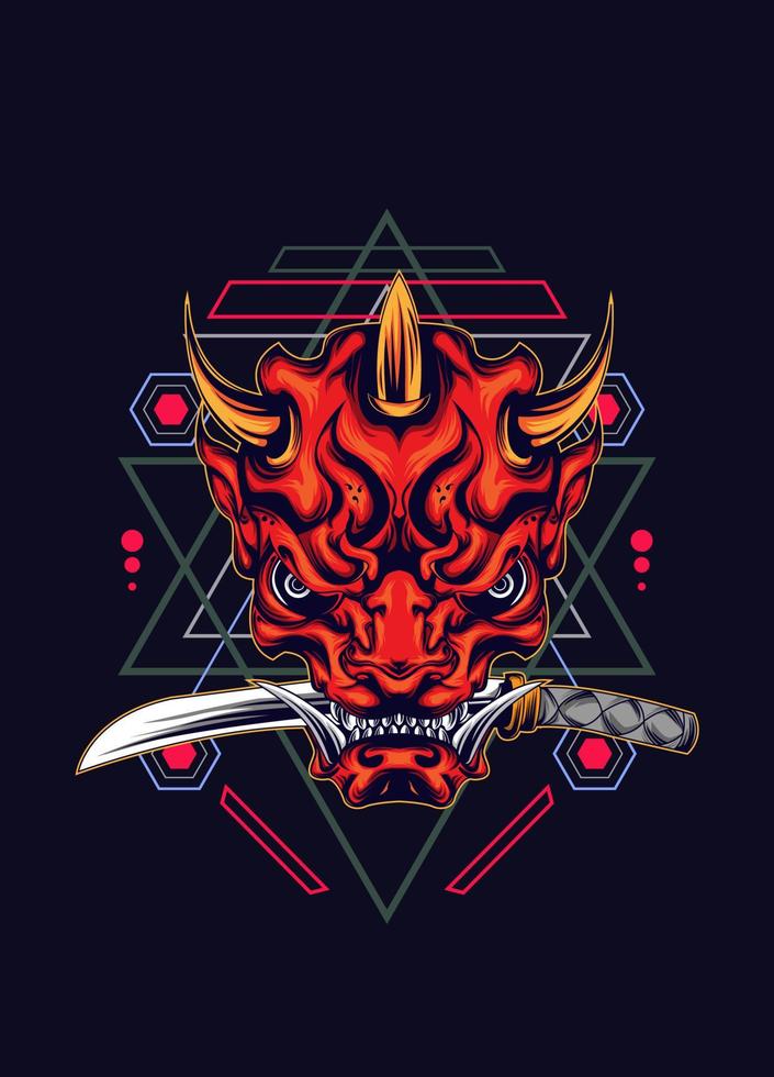 Demon oni mask with katana sword and sacred geometry pattern vector
