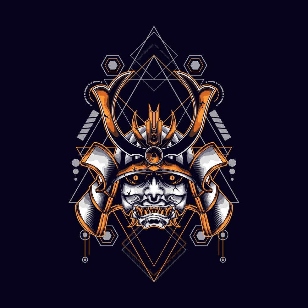 oni mask samurai head with sacred geometry ornament for t-shirt design vector
