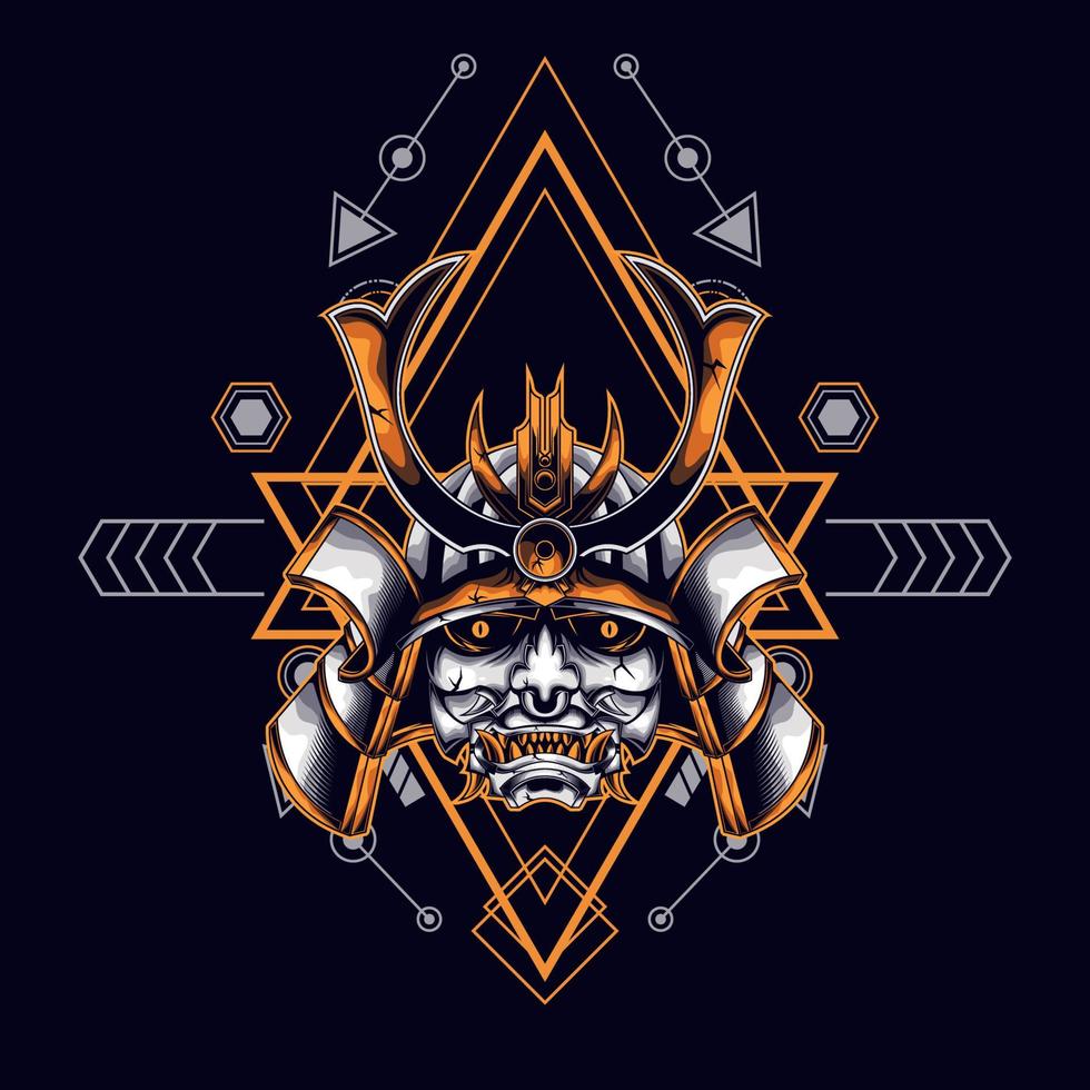 oni mask samurai head with sacred geometry ornament vector