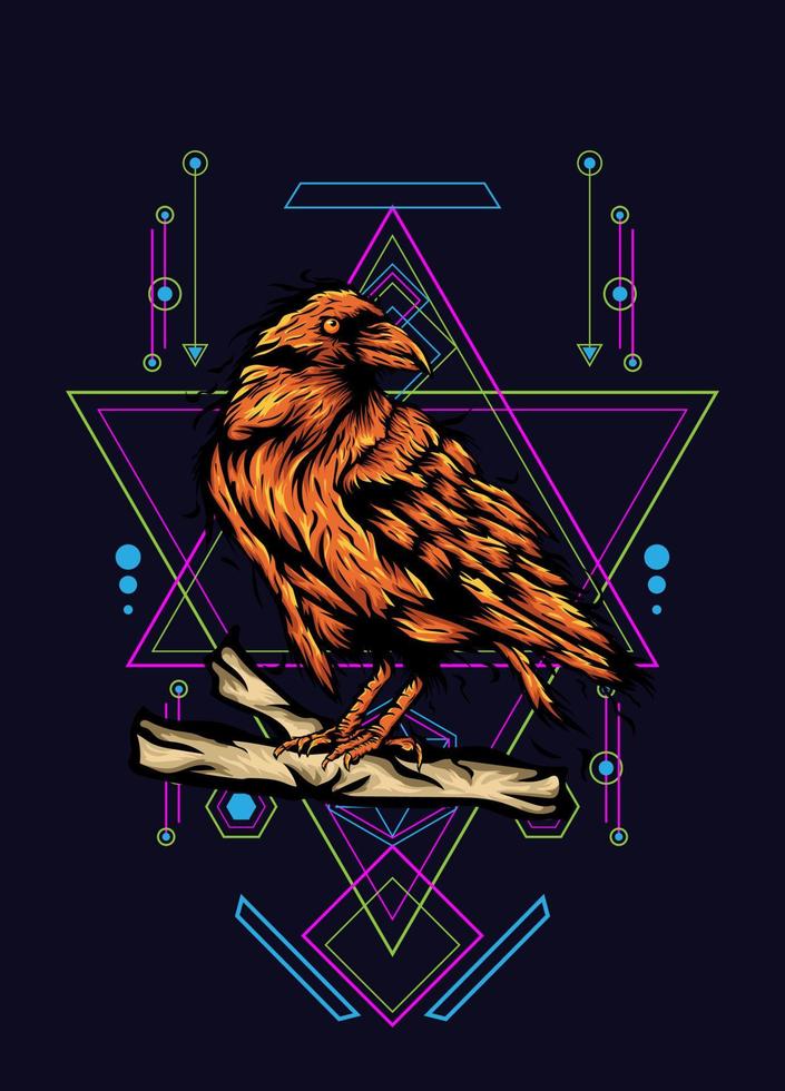 Raven, bird crow, vector illustration with sacred geometry pattern for t shirt design