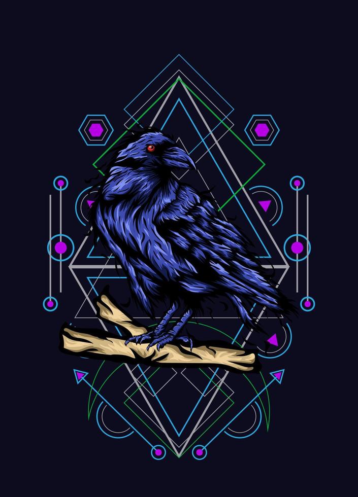 Raven, bird crow, vector illustration with sacred geometry pattern for t shirt design