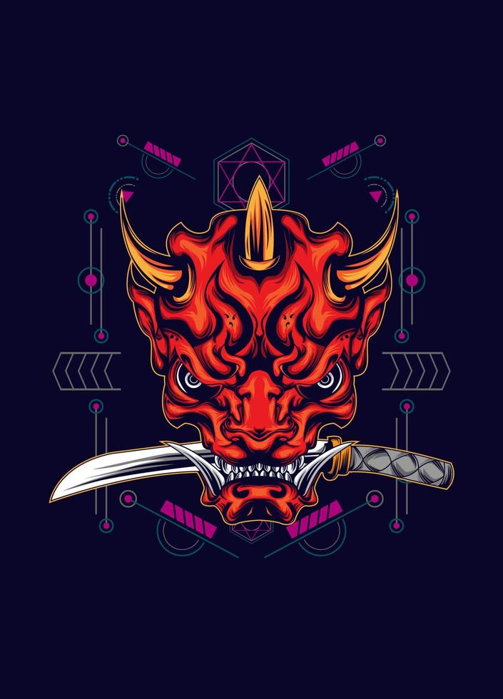 Demon oni mask with katana sword and sacred geometry pattern vector