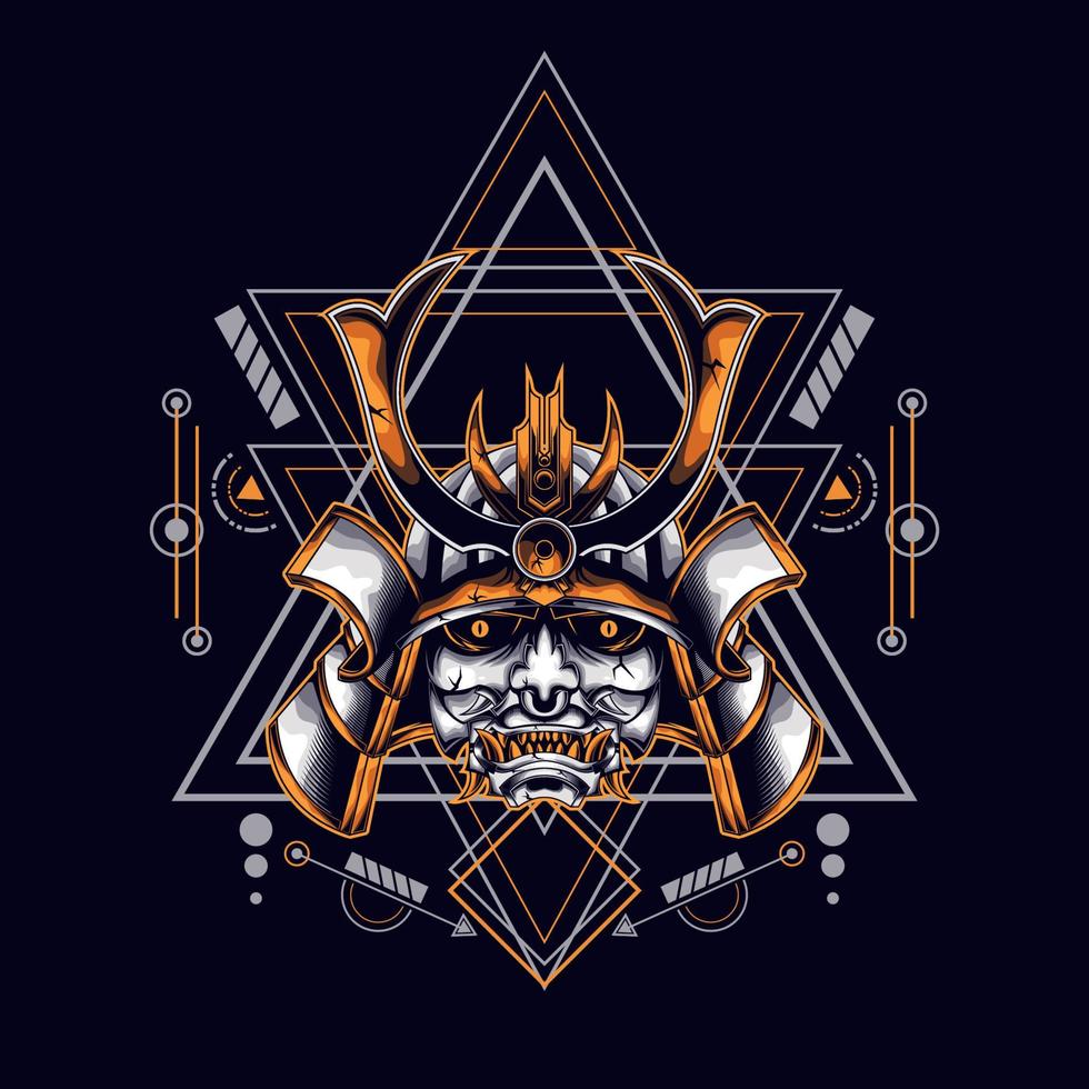 oni mask samurai head with sacred geometry ornament for t-shirt design vector