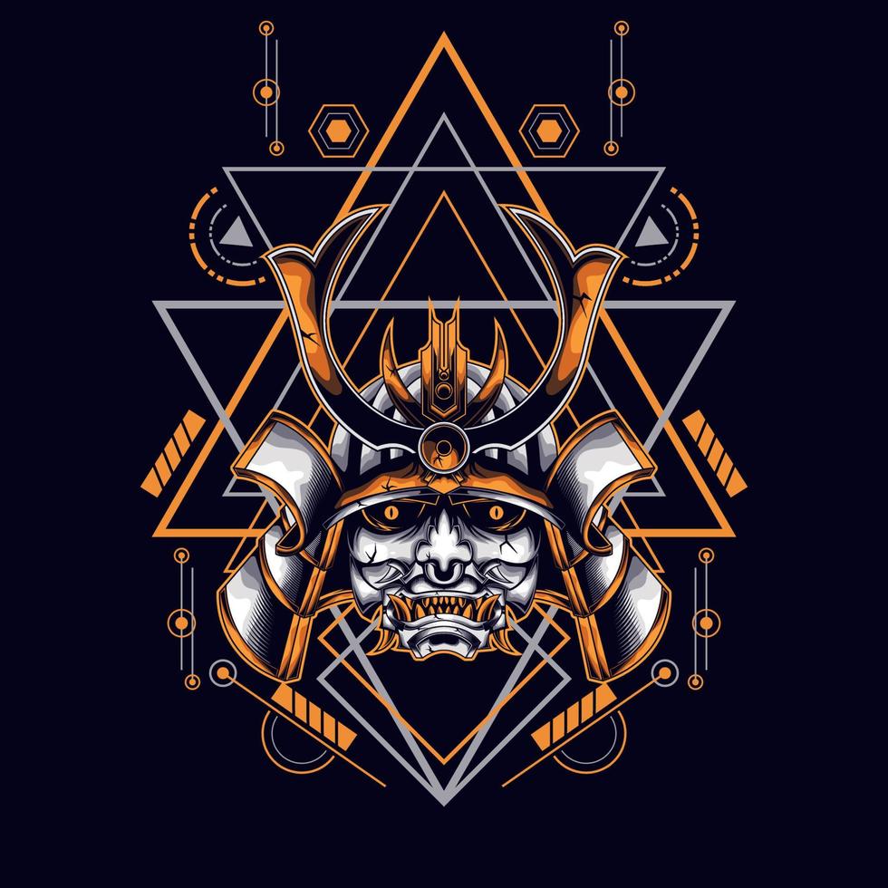 oni mask samurai head with sacred geometry ornament vector