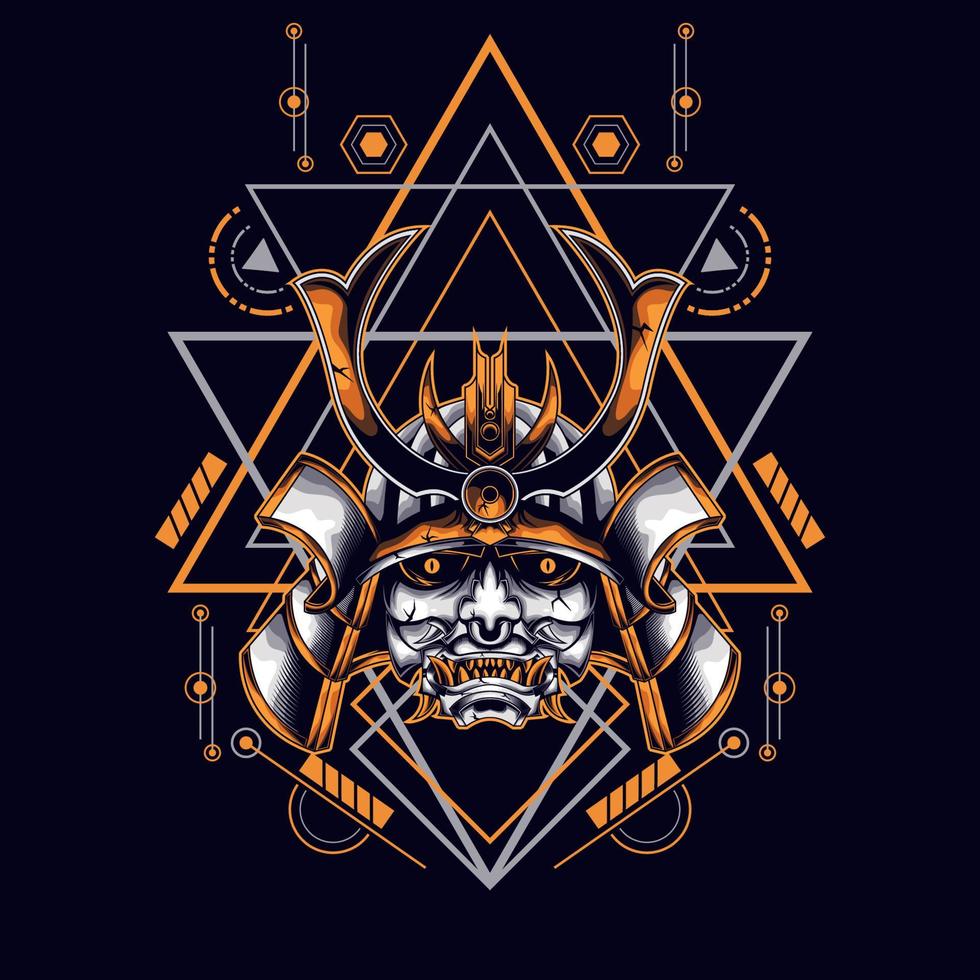 oni mask samurai head with sacred geometry ornament vector