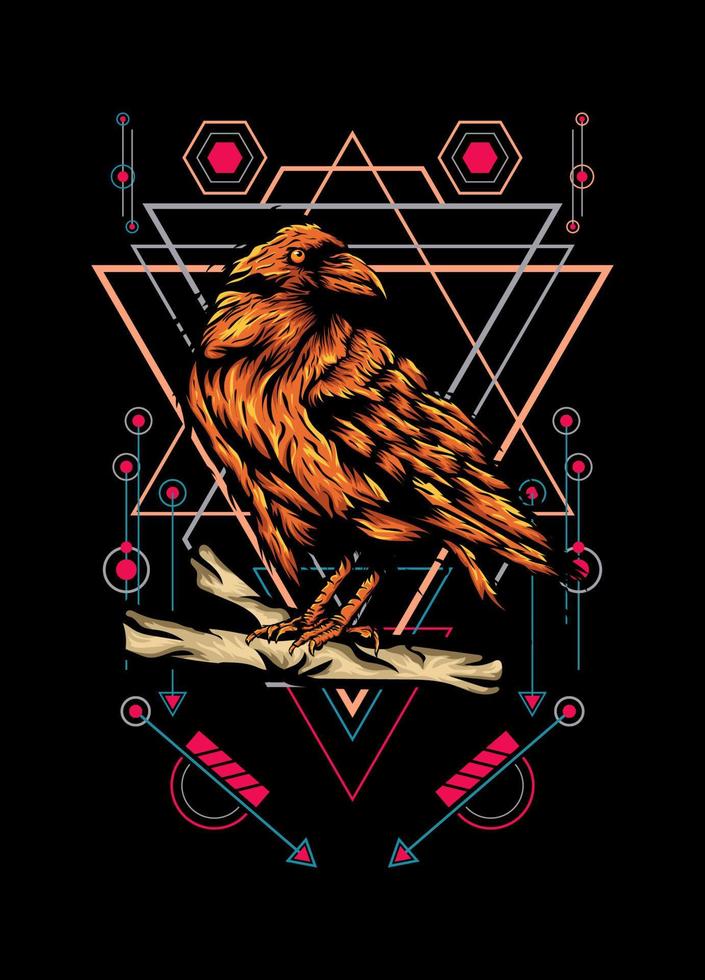 Raven, bird crow, vector illustration with sacred geometry pattern for t shirt design