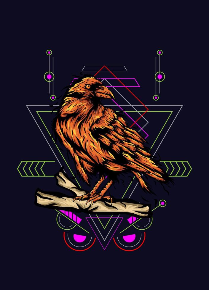 Raven, bird crow, vector illustration with sacred geometry pattern for t shirt design