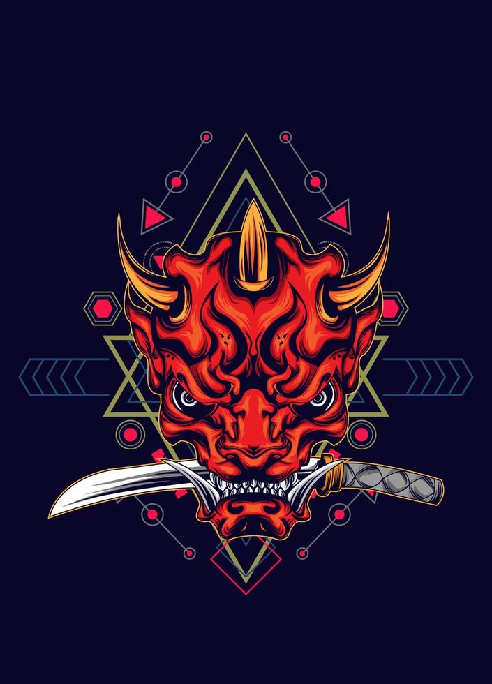 Demon oni mask with katana sword and sacred geometry pattern vector