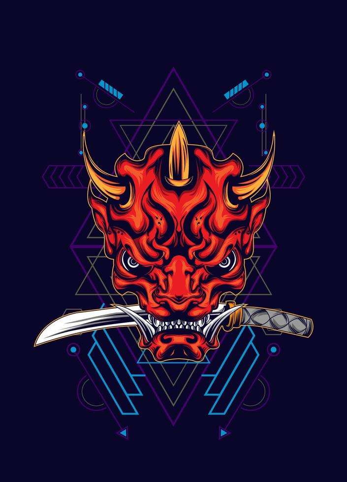 máscara de demonio oni con espada katana y patrón de geometría sagrada vector