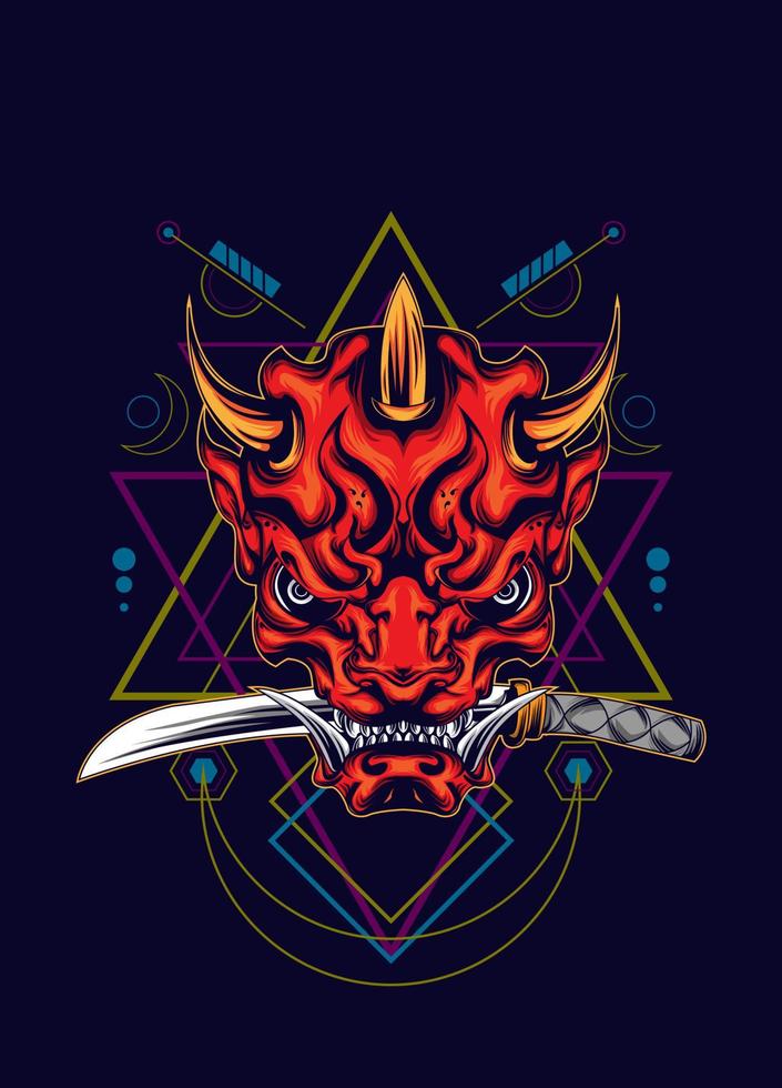 Demon oni mask with katana sword and sacred geometry pattern vector