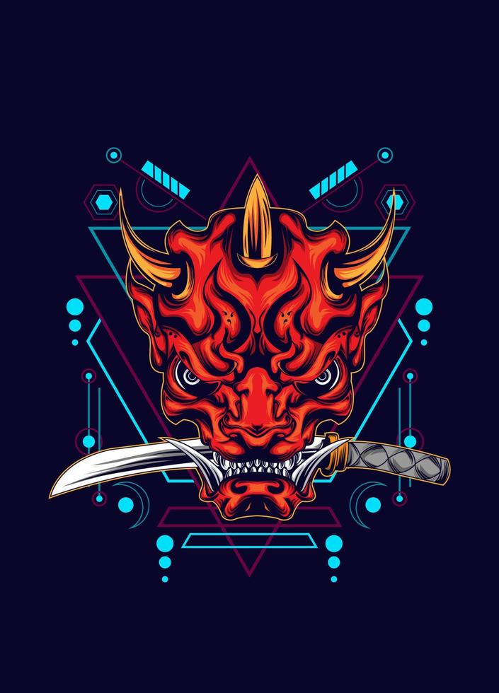 Demon oni mask with katana sword and sacred geometry pattern vector