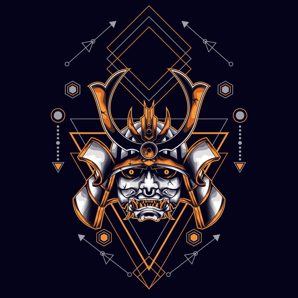 oni mask samurai head with sacred geometry ornament vector
