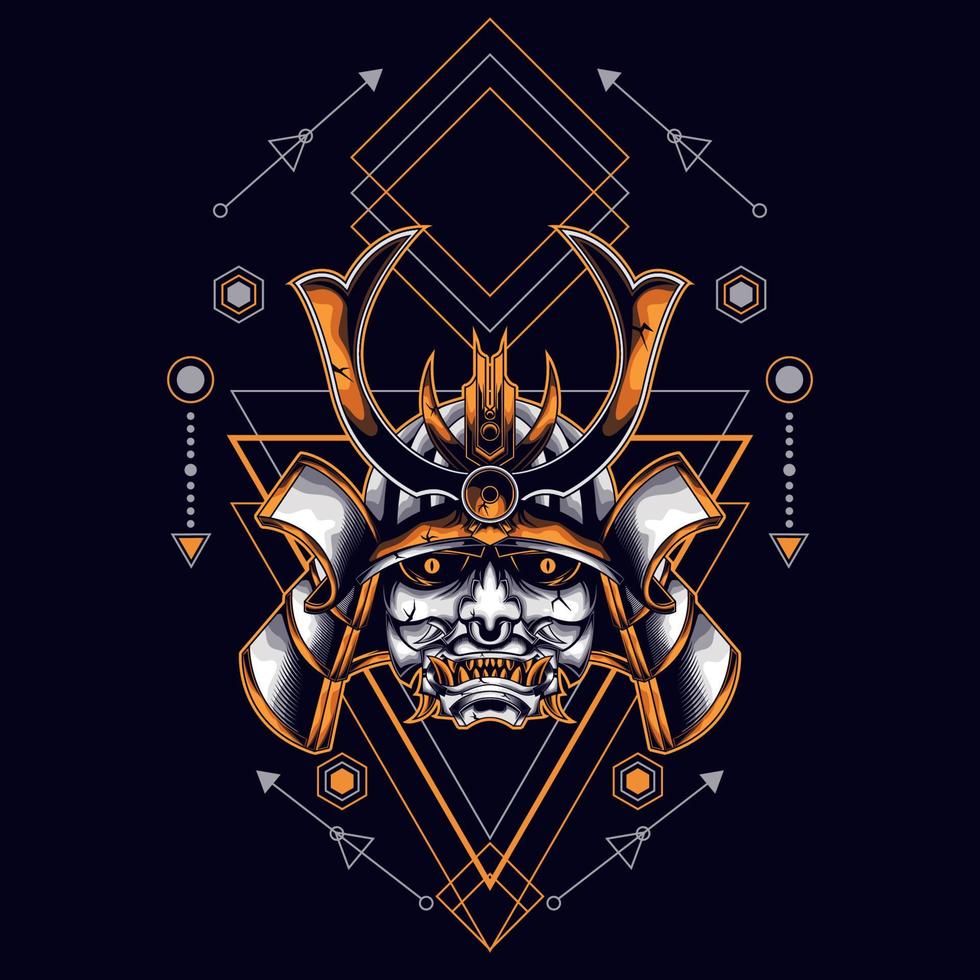 oni mask samurai head with sacred geometry ornament vector