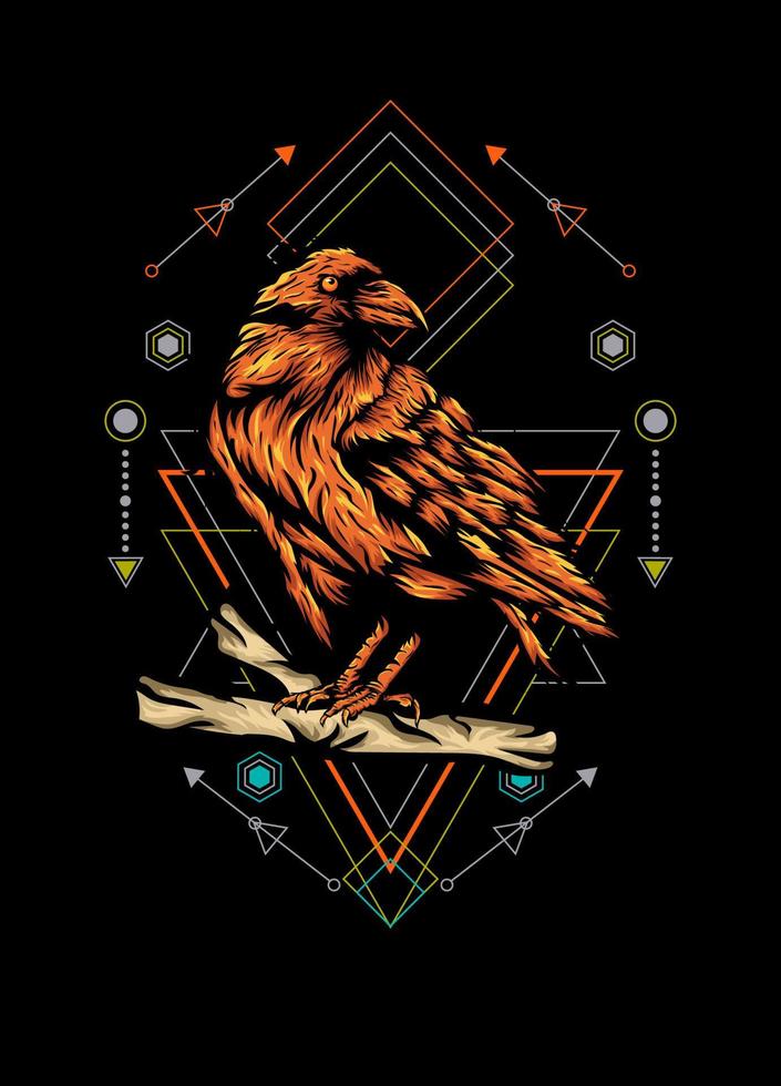 Raven, bird crow, vector illustration with sacred geometry pattern for t shirt design