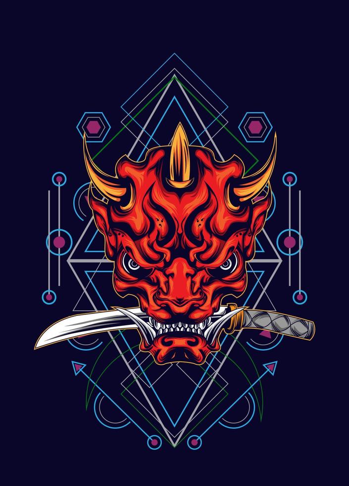 Demon oni mask with katana sword and sacred geometry pattern vector