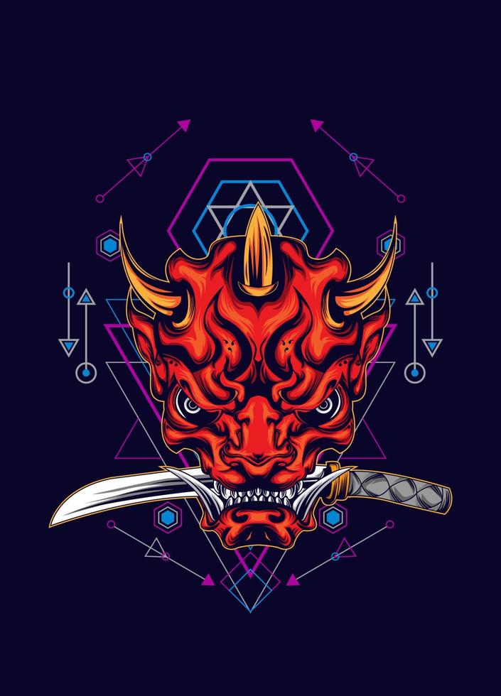 Demon oni mask with katana sword and sacred geometry pattern vector