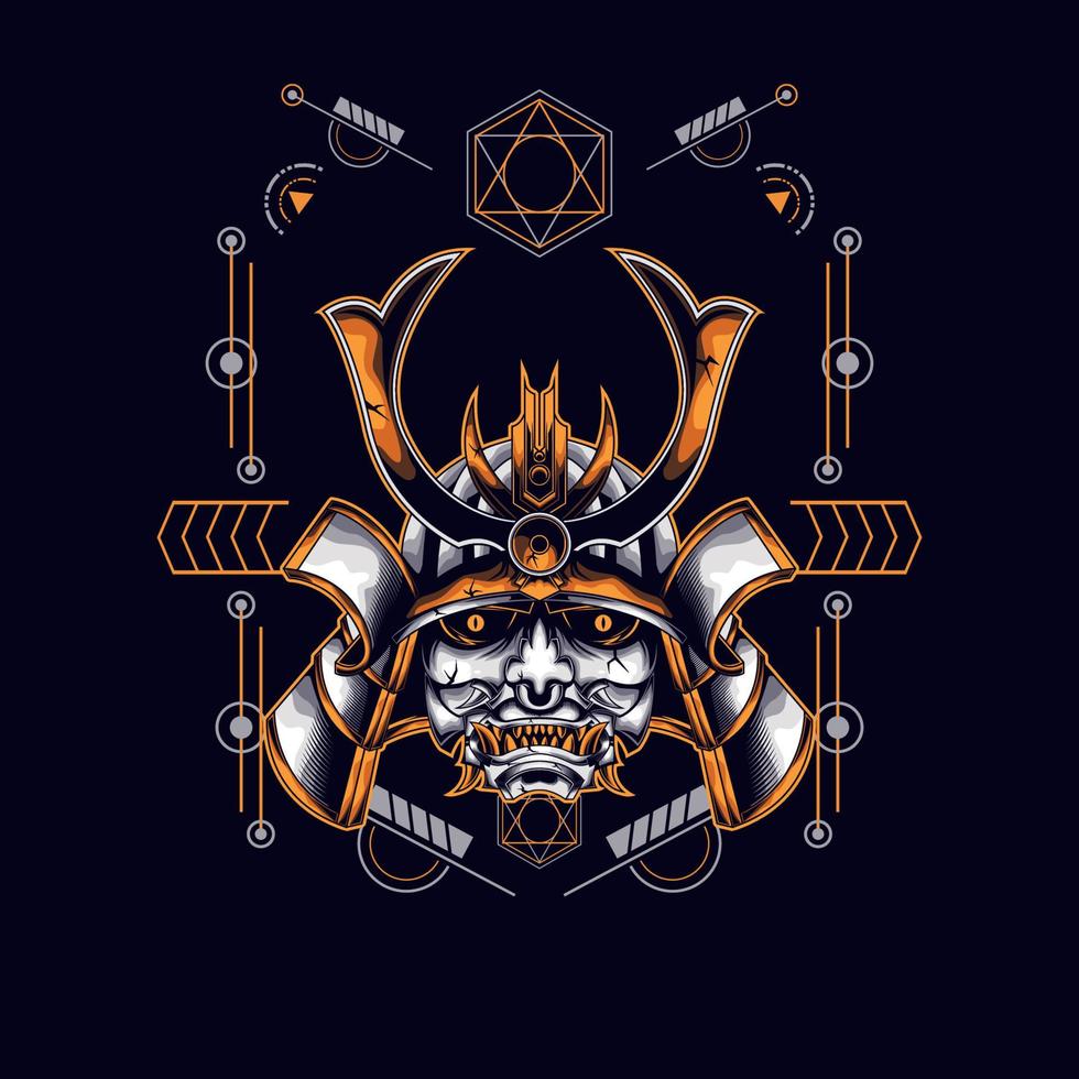 oni mask samurai head with sacred geometry ornament for t-shirt design vector
