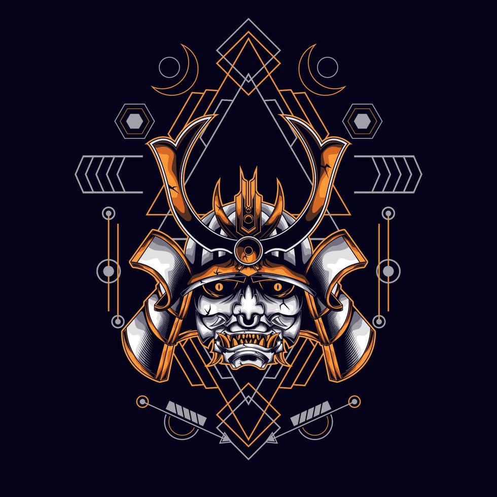oni mask samurai head with sacred geometry ornament vector