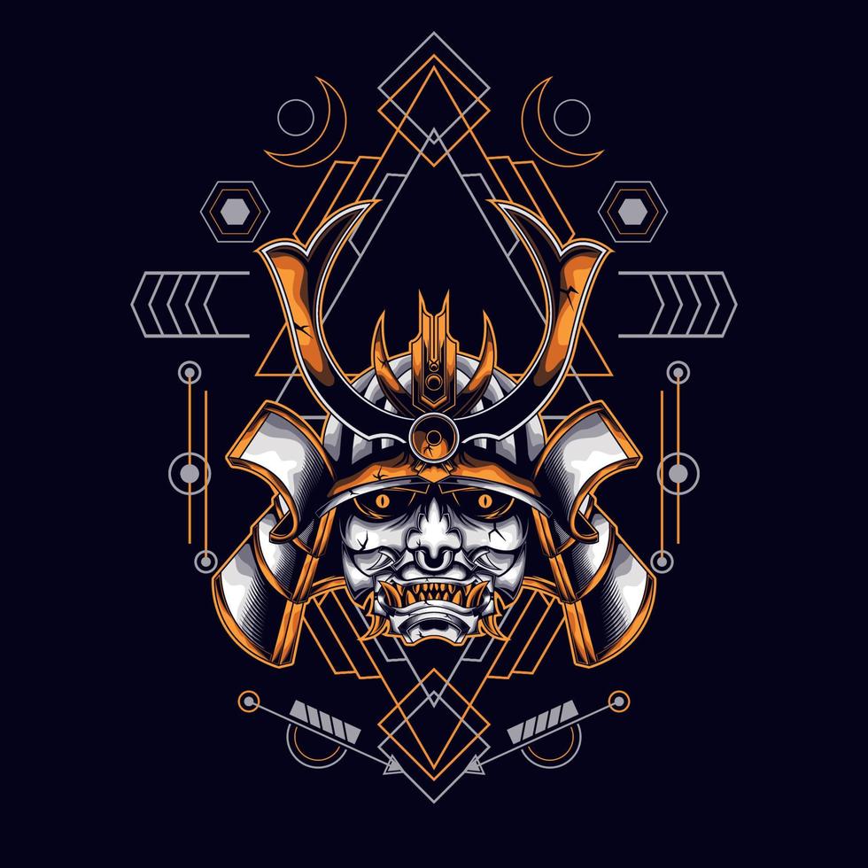 oni mask samurai head with sacred geometry ornament vector