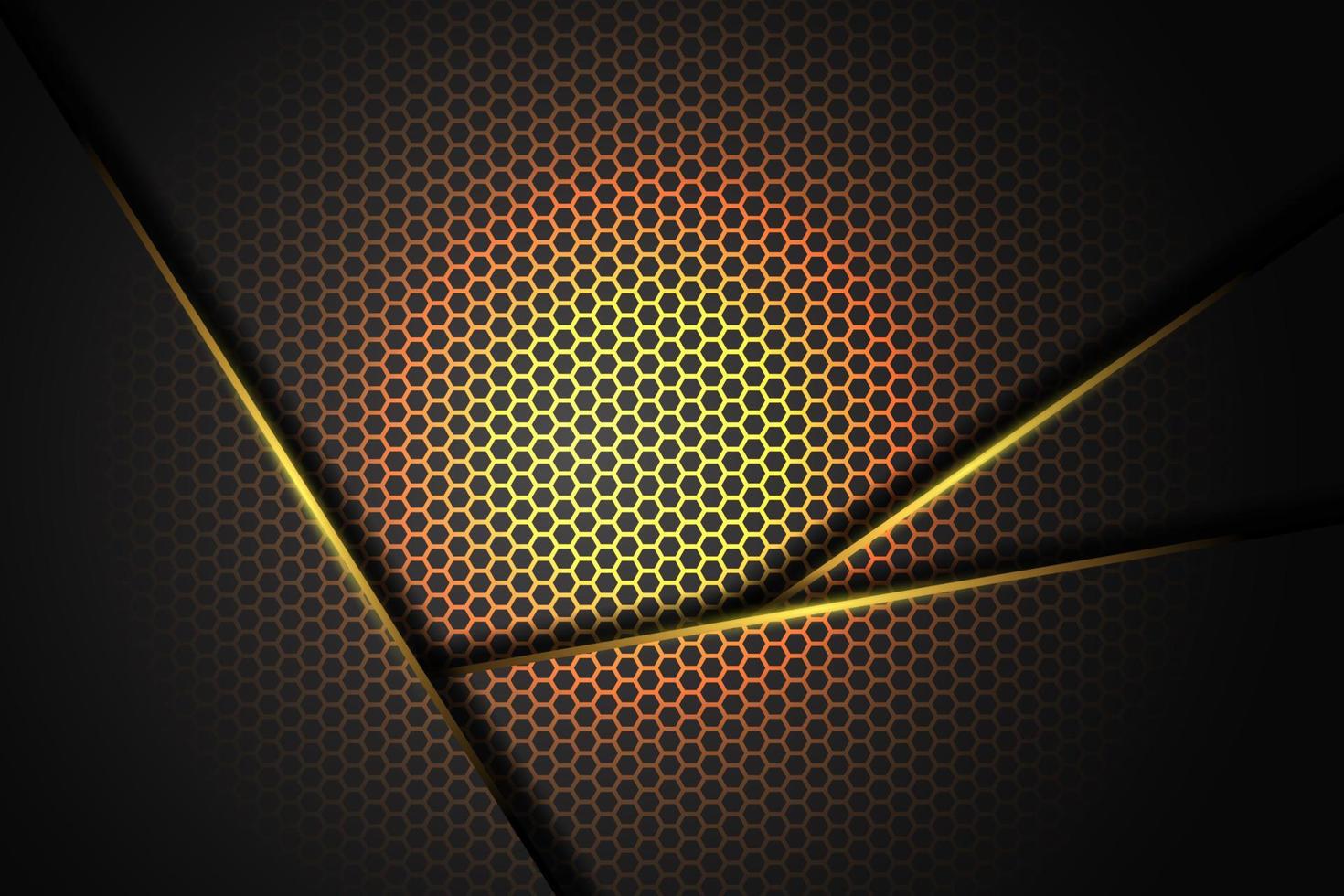 triángulo de luz naranja amarillo abstracto sobre negro con fondo hexagonal vector