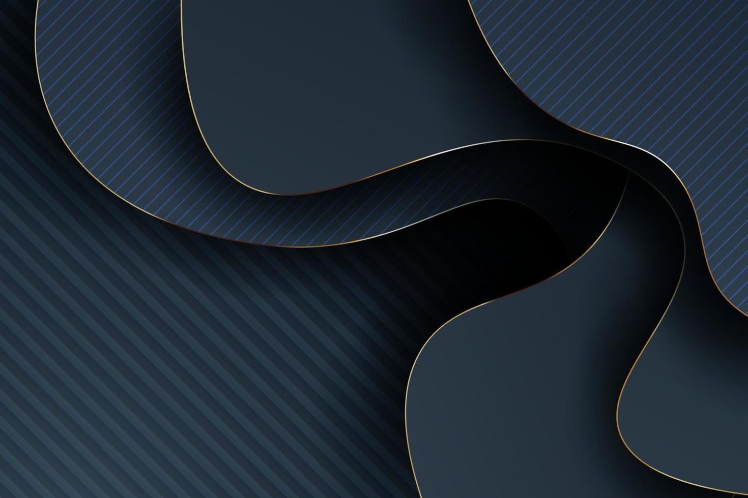 azul marino oscuro abstracto ondulado con capas superpuestas y fondo de línea dorada. eps10 vector
