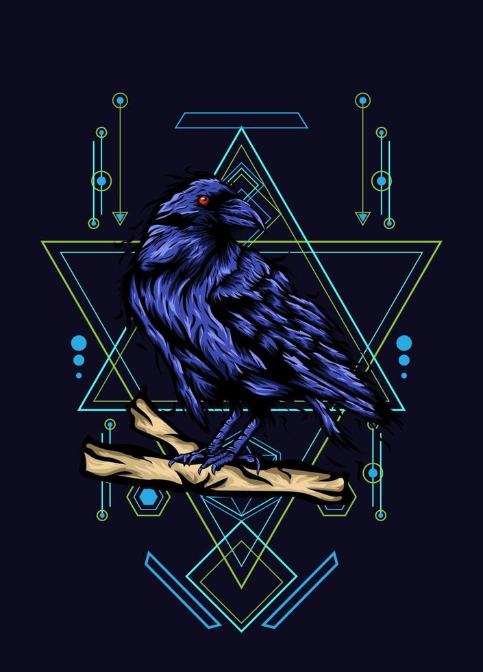 Raven, bird crow, vector illustration with sacred geometry pattern for t shirt design