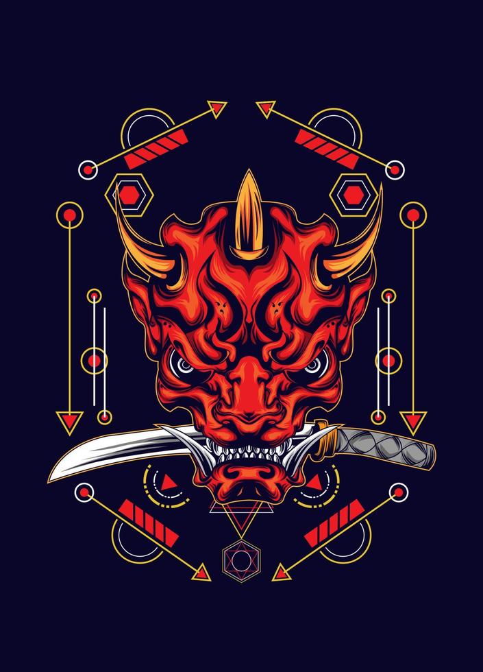 Demon oni mask with katana sword and sacred geometry pattern vector