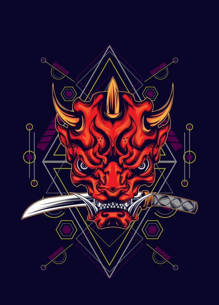 máscara de demonio oni con espada katana y patrón de geometría sagrada vector